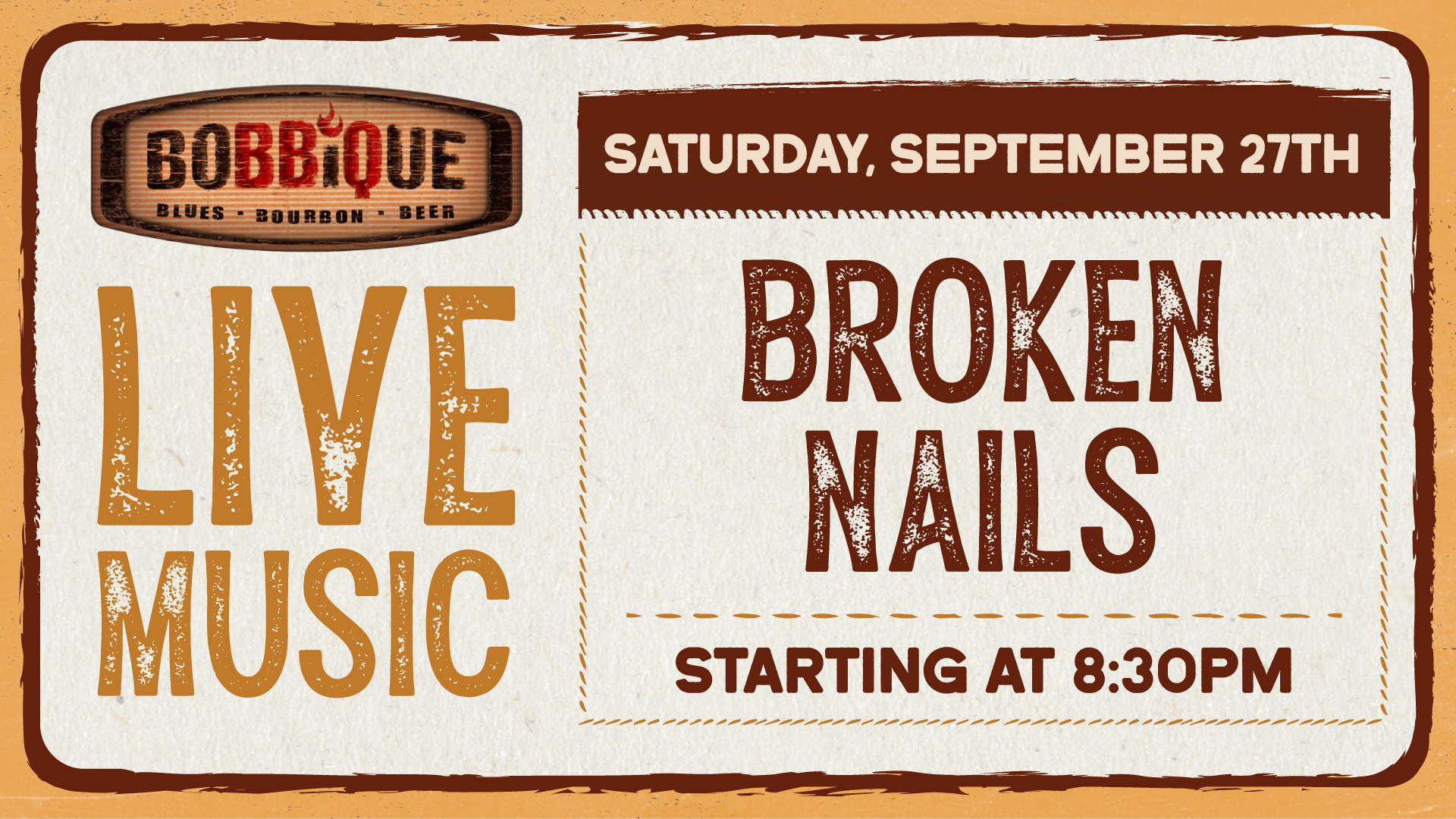 Broken Nails play LIVE at Bobbique September 27th at 8:30pm!