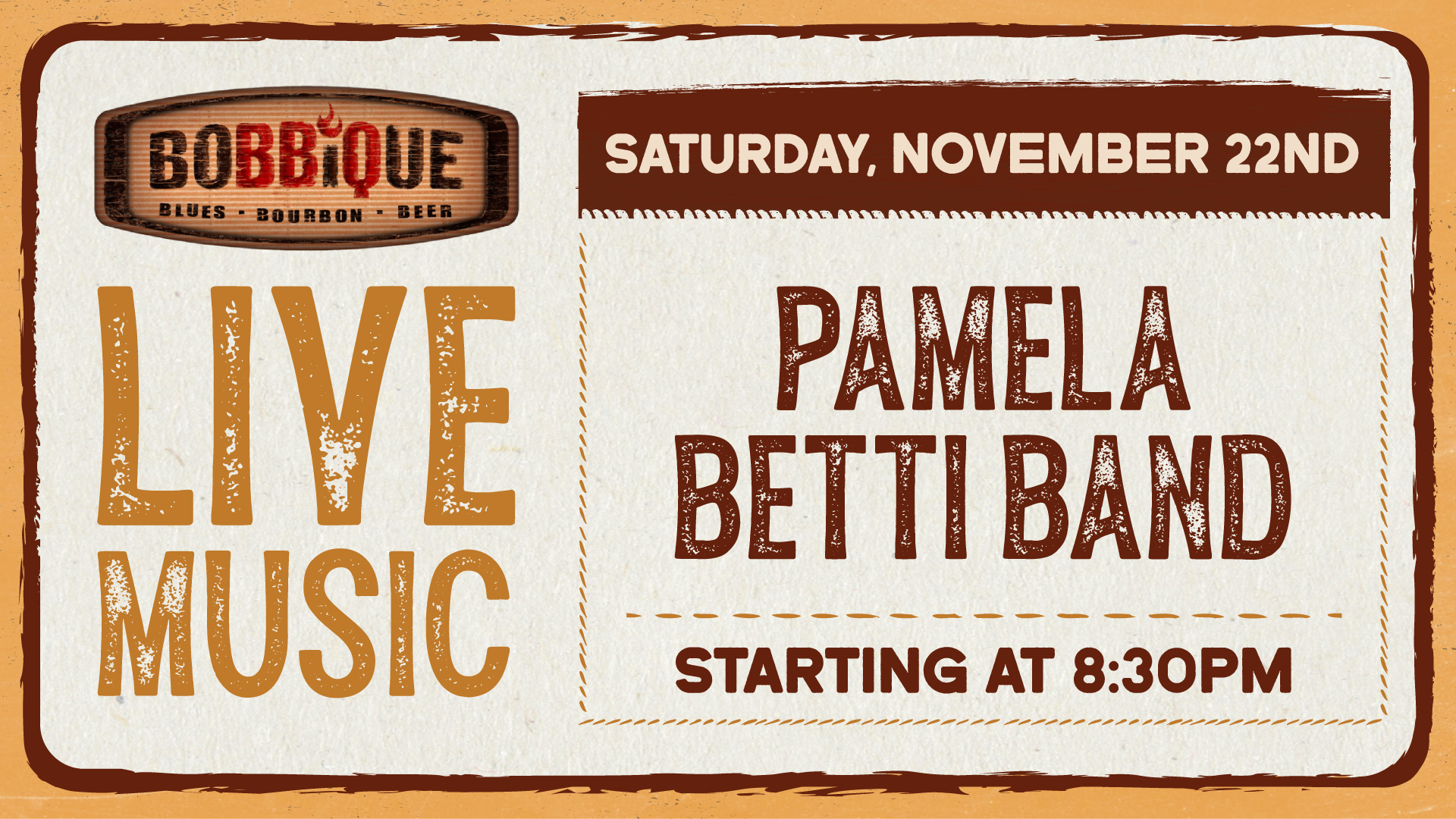 The Pamela Betti Band is back, taking over the Bobbique stage November 22nd at 8:30pm!