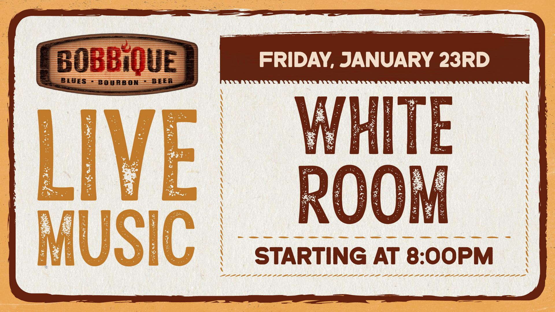 White Room plays LIVE at Bobbique January 23rd at 8pm!