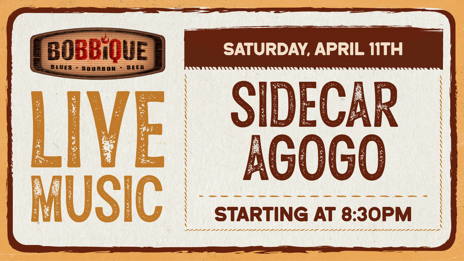 Everyone's favorite Sidecar Agogo is playing LIVE at Bobbique April 11th at 8:30PM!