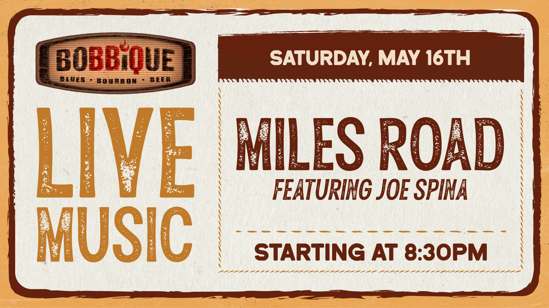 Miles Road featuring Joe Spina is playing live at Bobbique Saturday May 16th at 8:30PM! See you there!