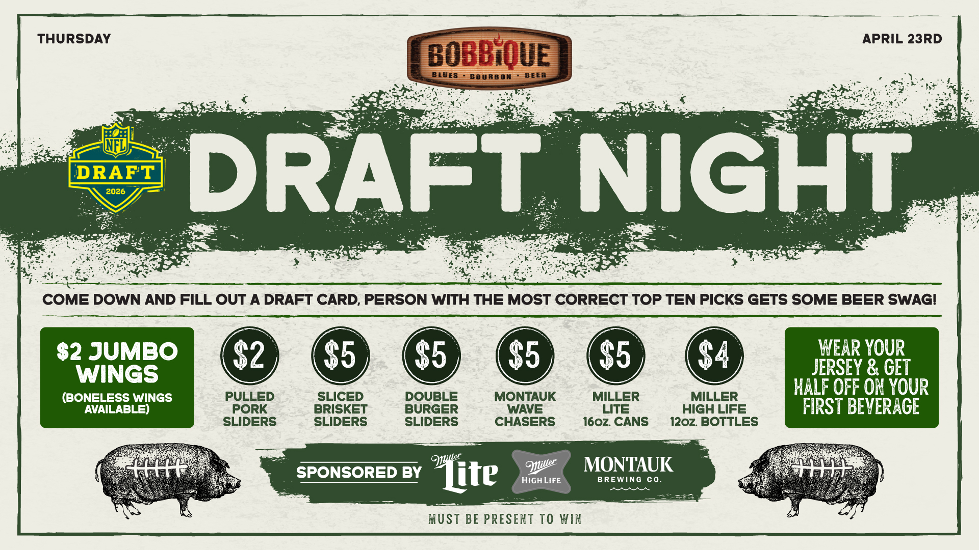 Come down to Bobbique on April 23rd at 8pm for DRAFT NIGHT! Wear your favorite team's jersey & get half off your first drink. Plus, don't miss out on specials like $2 Jumbo Wings and more! Most correct top ten picks get a beer swag bag! 